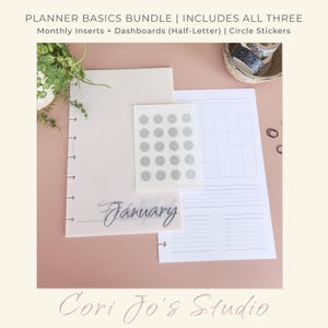 May include: A planner basics bundle including a translucent dashboard with the word January, a white monthly insert sheet with grid and lined sections, and a sheet of circular stickers. The text reads PLANNER BASICS BUNDLE | INCLUDES ALL THREE.
