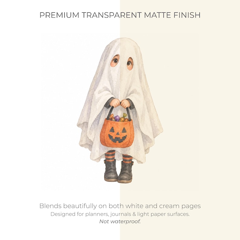 May include: A sticker featuring a watercolour illustration of a child dressed as a ghost in a white sheet, holding an orange jack-o'-lantern candy bucket. The text reads PREMIUM TRANSPARENT MATTE FINISH, Blends beautifully on both white and cream pages, Designed for planners, journals & light paper surfaces. Not waterproof.