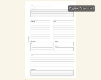 Könnte beinhalten: Ein druckbarer Tagesplaner-Einsatz mit Abschnitten für Datum, Prioritäten, Zeitplan, Aufgaben, Essensplan, Gesundheit, Notizen und Dankbarkeit. Der Planer ist für Papier im Format Halb-Briefbogen konzipiert und ist undatiert.