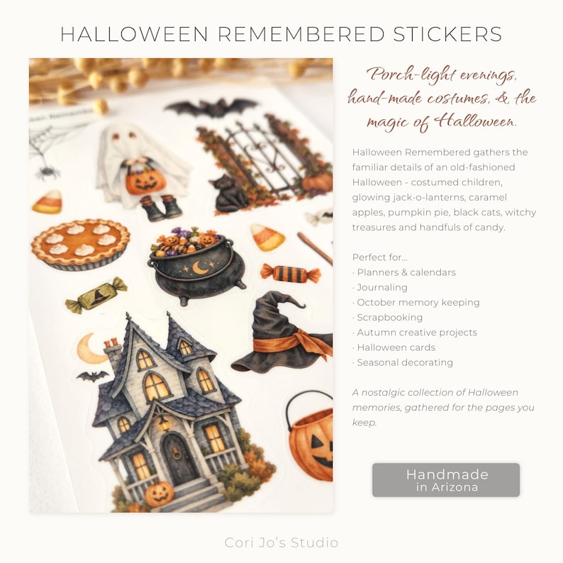 May include: A sticker sheet titled HALLOWEEN REMEMBERED STICKERS featuring illustrations of a ghost, a black cat, a pumpkin pie, a cauldron, a haunted house, a witch hat, candy corn, and a jack-o-lantern bucket with text describing the collection.