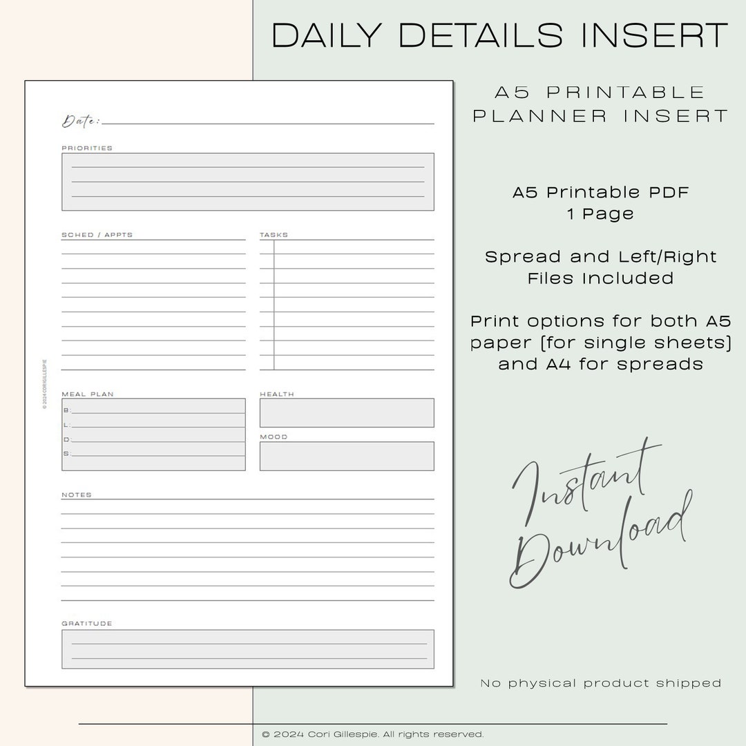 Undated A5 Daily Details Printable Day on One Page DO1P A5 Planner ...