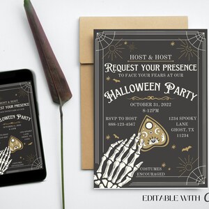 Halloween Invitation Editable Canva Template | Evite and 5x7&quot; Printable Invite Templates | Boho Halloween | Instant Download | Skeleton |