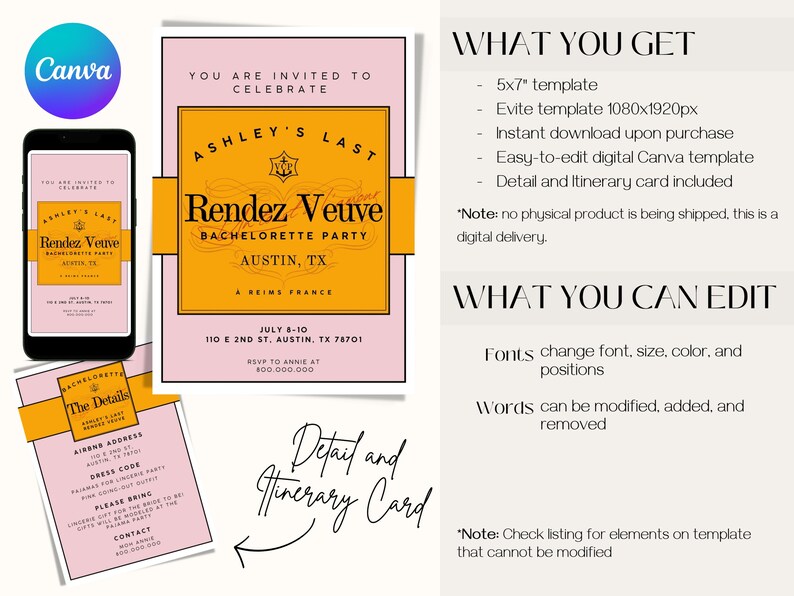 Editable Bachelorette Invitation Canva Template Digital 5x7 Etsy