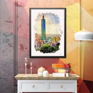 Aquarel Taipei Poster, afdrukbaar elegant decor, moderne artistieke stadsprint, kleurrijke illustratie, prachtige kunst, reiscadeau