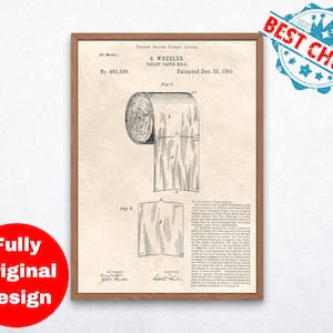Impresión de patente de rollo de papel higiénico de 1891, impresión de arte, decoración de baño, arte de pared, cartel de patente. ¡Descarga digital!