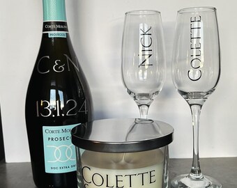 Regalos de compromiso y boda para parejas, Copas de champán personalizadas de compromiso, Prosecco/champán personalizado, Vela personalizada