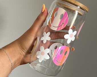 Vaso de cristal con cara sonriente, Vaso Libby con cara sonriente, Lata de bebida de vidrio con tapa de bambú para café, Regalo de vaso de vidrio de 16 oz, Vidrio personalizado, Pajita y tapa