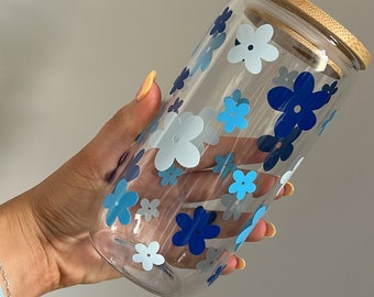 Retro Flower Glass Cup,Retro Flower Libby Glass, Coffee bamboo lid can glass drink, 16ozcup Glas Cup Gift , Personalised Glass, Straw & Lid