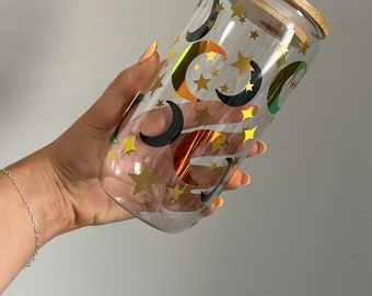 Stars and moon Glass Cup, Libby Glass, Coffee bamboo lid can glass drink, 16ozcup Glas Cup Gift , Personalised Glass, Straw & Lid