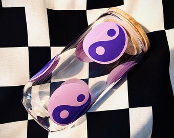 Yin Yang Glass Cup, Yin Yang Libby Glass, Coffee bamboo lid can glass drink, 16oz cup Glas Cup Gift , Personalised Glass with Straw & Lid
