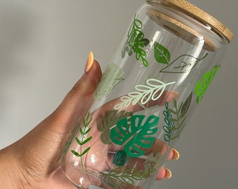 Leaf Glass Cup, Leaf Glass, Coffee bamboo lid can glass drink, 16ozcup Glas Cup Gift , Personalised Glass, Straw & Lid