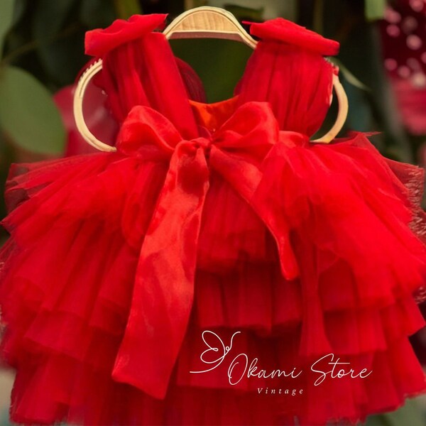 Red big bow dress | Red Christmas Organza Baby Girl Dress | Baby Girl Christmas Dress | Christmas Party Wear Fluffy Dress | Red Tulle Dress