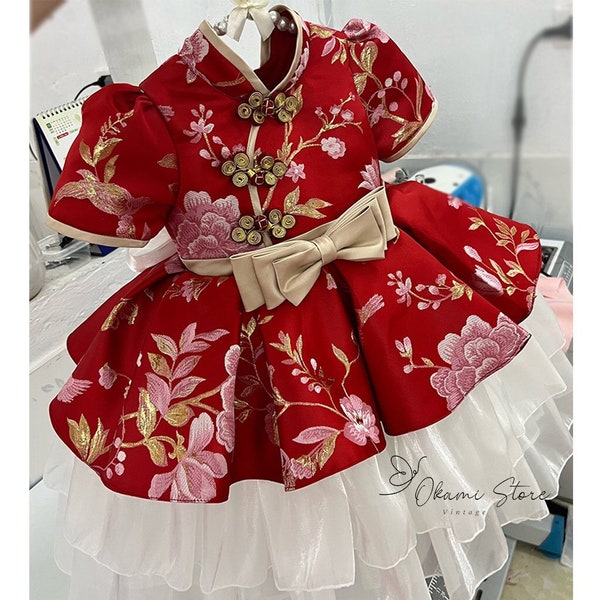 Robe Hanfu traditionnelle chinoise brodée Cheongsam pour bébé fille | Qipao asiatique du Nouvel An chinois| Robe de princesse Cheongsam en satin de soie