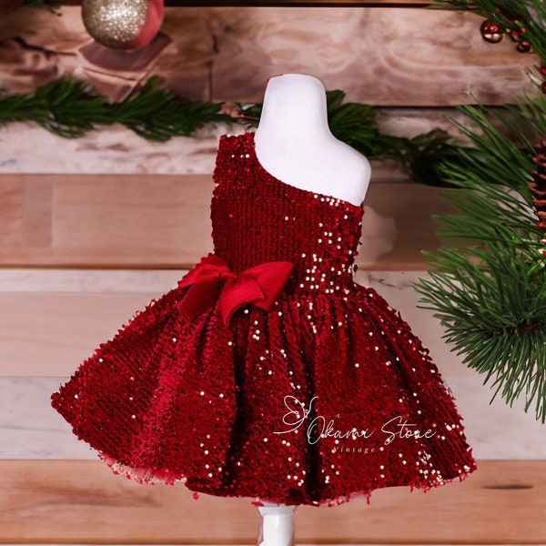 Red Sequin Christmas Dress for Girls, Single Shoulder Sparkly Dress, Toddler Dress for Christmas Occasion, Christmas 2023 Gift for Girls