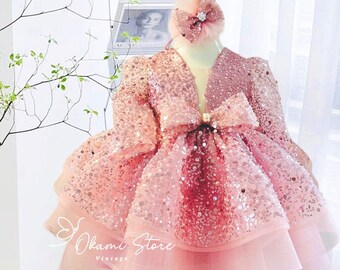 Robe gonflée à paillettes rose poussiéreuse pour bébé, robe de fille pour tout-petits, robe Tutu d’anniversaire, robe de fête pour tout-petits, robe de fille de fleur, robe de 1er anniversaire