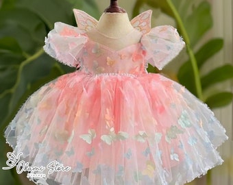 Vestido de mariposa rosa para niños pequeños, vestido para niñas pequeñas, ropa de bebé de verano de encaje, felicidad de cumpleaños con el vestido de tul mariposa, vestido de fiesta de ala
