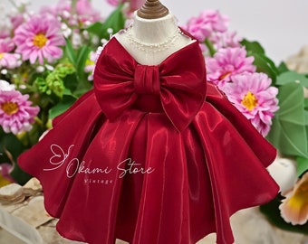 Vestido de satén rojo de niña / vestido de vacaciones para niña / tamaño personalizado lindo vestido de cumpleaños de niña niña fiesta de Navidad vestido esponjoso