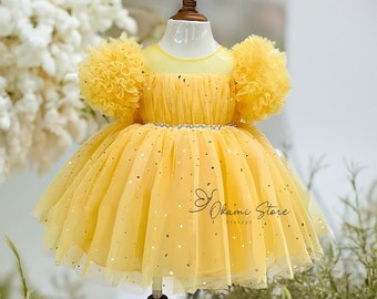 Yellow puff sleeves sparkle dress summer tulle dress baby toddler girl toddler dress with stars 1st birthday dress, toddler photoshoot dress