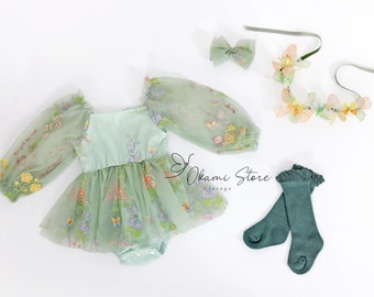 Elegant sage green long sleeves Enchanted Rose Fairy Floral Spring Embroidered Tulle Romper  Flower Girl Tutu Flower Style Party Romper