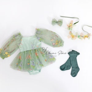 Elegant sage green long sleeves Enchanted Rose Fairy Floral Spring Embroidered Tulle Romper  Flower Girl Tutu Flower Style Party Romper