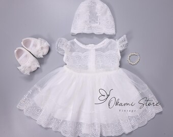 4 Piece Set Baby Girls Lace Baptism Christening Dress with Matching Bonnet and Headband, Baby Girls Lace Dress, Baby Girls Christening Dress