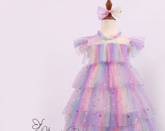 NEW - Pink pastel Rainbow tulle dress, baby tulle dress, Toddler dress with stars, First birthday dress, Toddler photoshoot dress, Unicorn