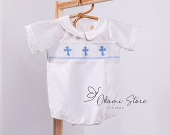 Baby Smocked Cross White Romper with Blue Crosses Baptism, Christening, Church, Heirloom romper, dedication, Bishop Style, baby boy easter