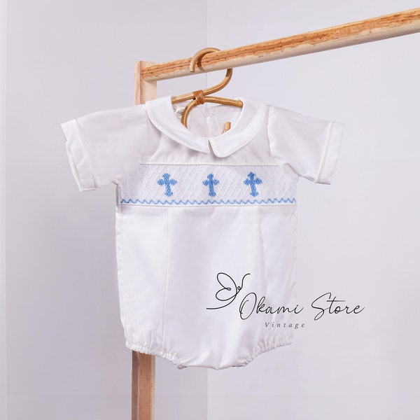 Baby Smocked Cross White Romper with Blue Crosses Baptism, Christening, Church, Heirloom romper, dedication, Bishop Style, baby boy easter