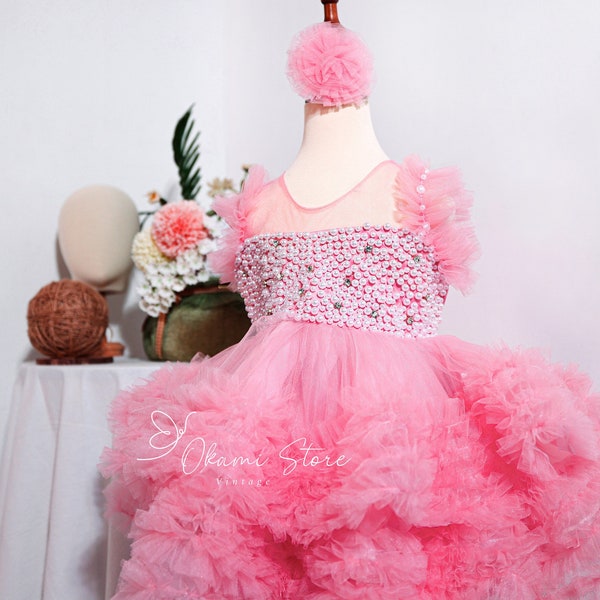 Girls Pearl Dress, Pink Mauve pearl dress for girls, toddlers pearl dress, girls 1st birthday dress, girls birthday dress Dusty Pink Puffy