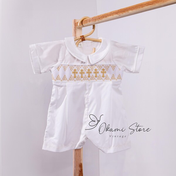 Baby Smocked Cross White Shortall with Beige Crosses Baptism, Christening, Church, Heirloom romper, dedication, Bishop, boy easter outfit