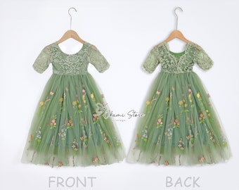 Vestido de niña de flores de tul bordado floral verde salvia, vestido de niñas de Pascua, vestido de niña de flores de primavera, vestido floral de verano, hada encantada