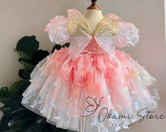 Robe papillon rose pour toute petite fille, robe pour toute petite fille, vêtements d'été en dentelle pour bébé, bonheur d'anniversaire avec la robe papillon en tulle, robe de soirée aile