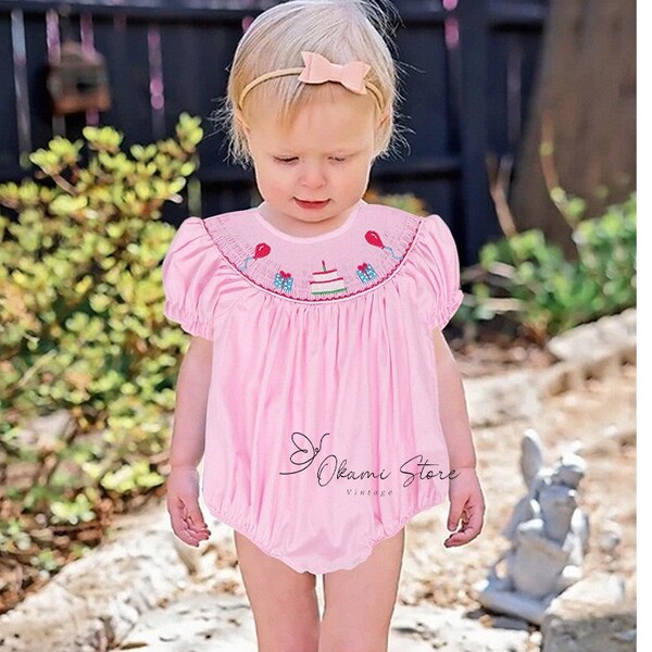 Birthday Smocked Bubble Romper in Pink - Birthday party dress, Baby girl 1st birthday outfit set, baby first birthday, baby birthday gift