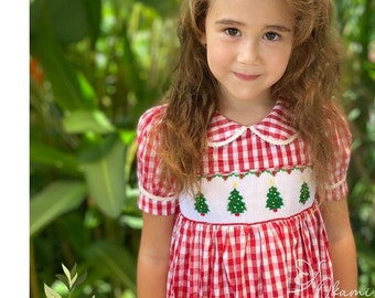X'mas tree Hand smocked Christmas Dress in Red & Green - Heirloom, Vintage Style, Baby Girl, Holiday Dress, Matching Sibling Holiday outfit
