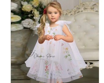 Robe de demoiselle d'honneur 4 couches blanc ivoire, robe de soirée fleurie tutu, robe de broderie florale fée rose enchantée, robe de tulle, premier anniversaire