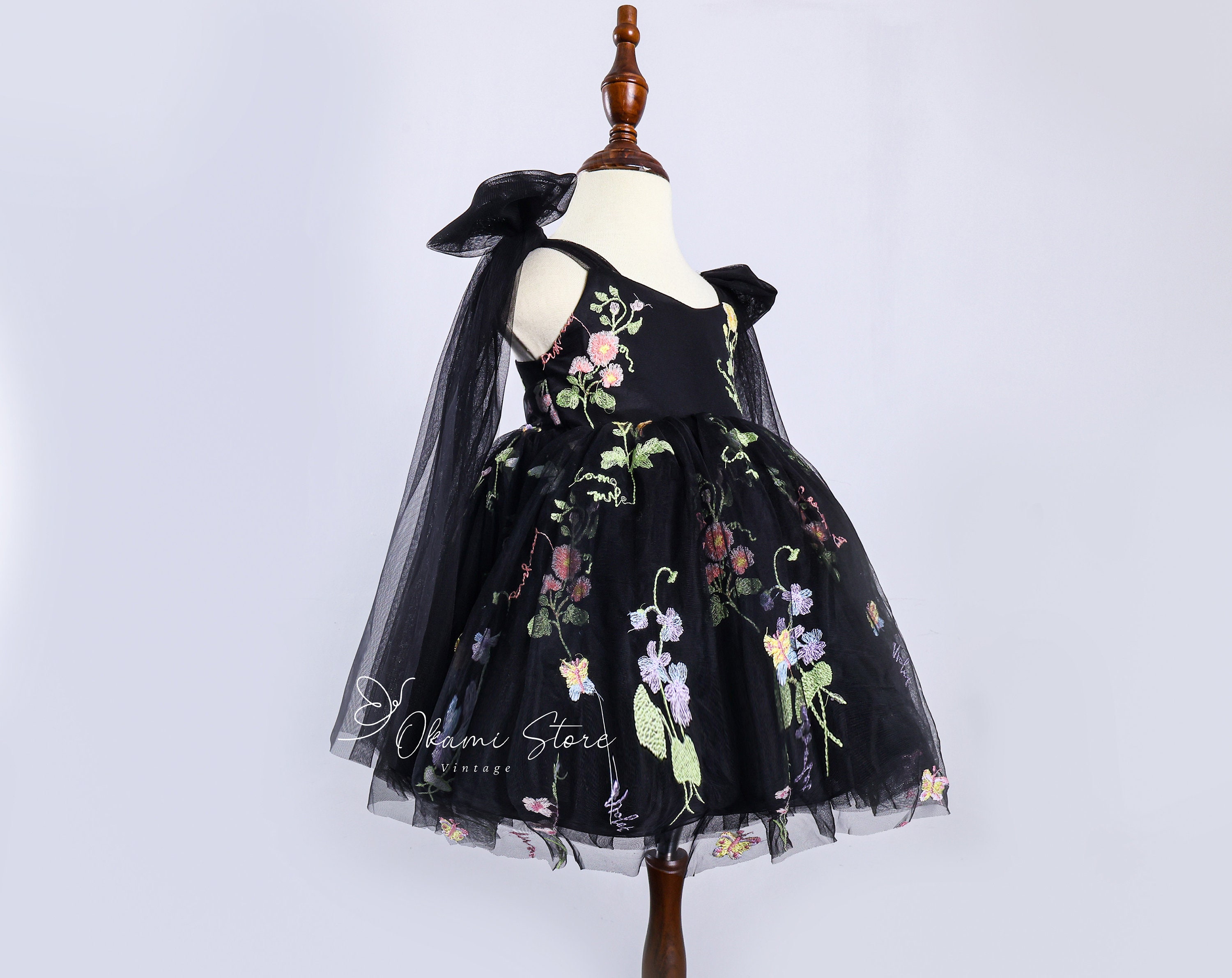 4 layers Black Flower Girl Dress Tutu Flower Style Party Dress, Enchanted Rose Fairy Floral Embroidery Dress, Tulle Dress, First Birthday