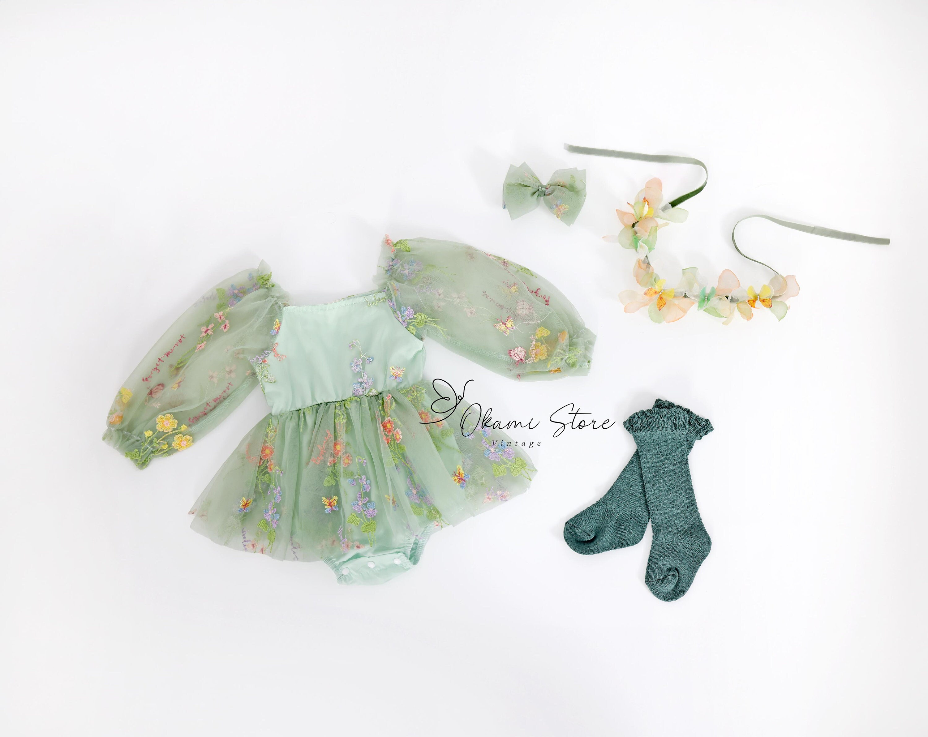 Elegant sage green long sleeves Enchanted Rose Fairy Floral Spring Embroidered Tulle Romper  Flower Girl Tutu Flower Style Party Romper