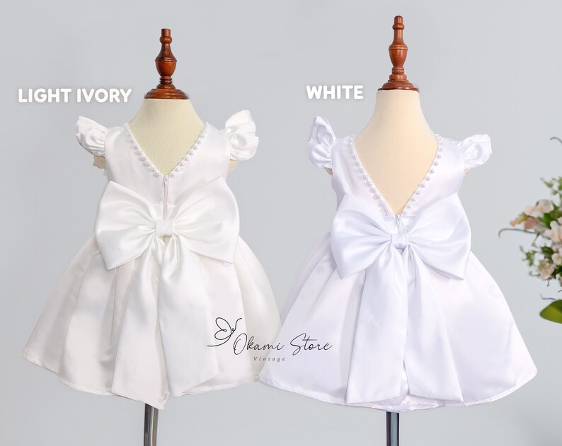 Satin Flower girl dress, V Back White Pearl Mid calf length Girl Dress, Satin Lace flower girl dress, Rustic flower girl dress,Communion zdjęcie 10