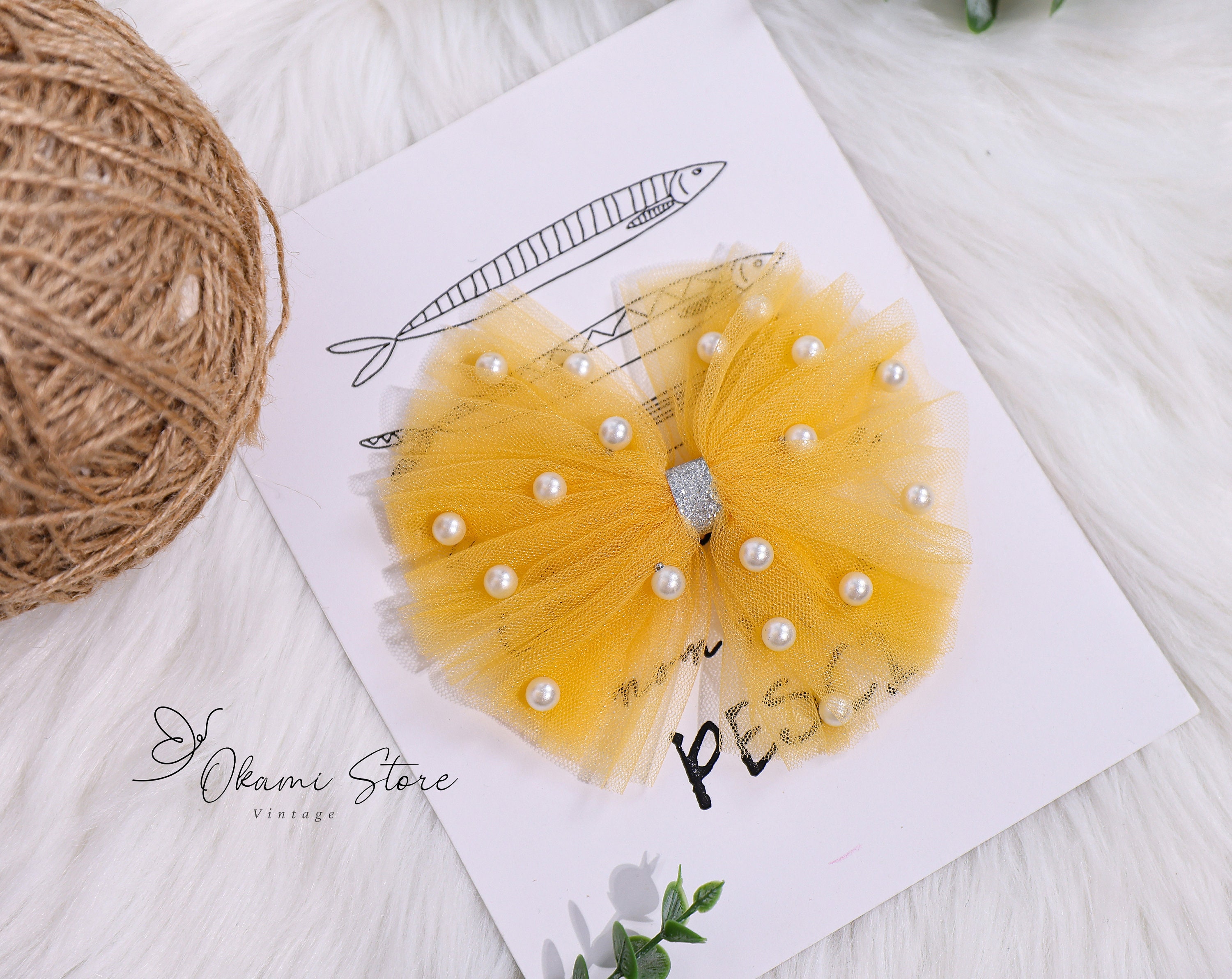 Yellow Tulle Princess Pearls Bow lavender, ivory, pink, rose tulle with pearls clip or headband, Newborn, Toddler Headband, Cake Smash, 1st