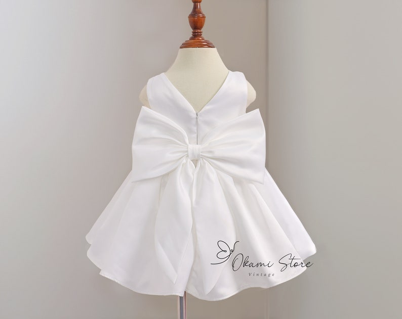 Off White satin flower girl dress big bow, toddler wedding dress, junior bridesmaid girl dress for wedding party, baptism christening dress image 4