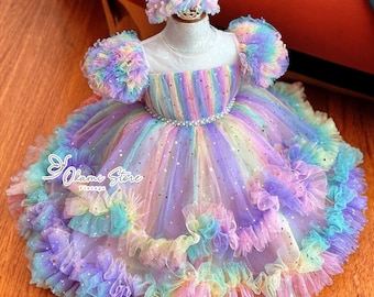 Robe en tulle arc-en-ciel, robe en tulle pour bébé fille, robe pour tout-petit avec étoiles, robe de premier anniversaire, robe de séance photo pour tout-petit, robe licorne