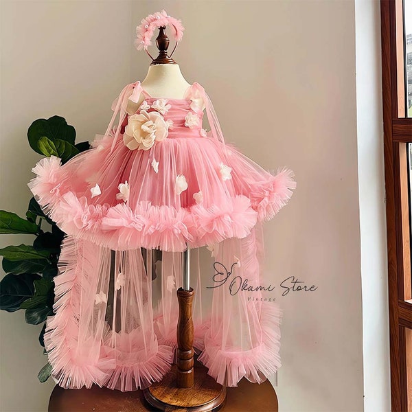 Dusty Pink With Long Train | Girls Tulle Flower Baby Dress | Girl 1st Birthday Party Outfit | Baby Girl Clothes | Fluffy Baby Tulle Dress