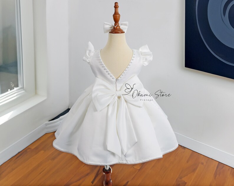 Satin Flower girl dress, Lace Satin White Lace Tulle Girl Dress, Baby Satin Lace flower girl dress, Rustic flower girl dress,Communion dress image 5