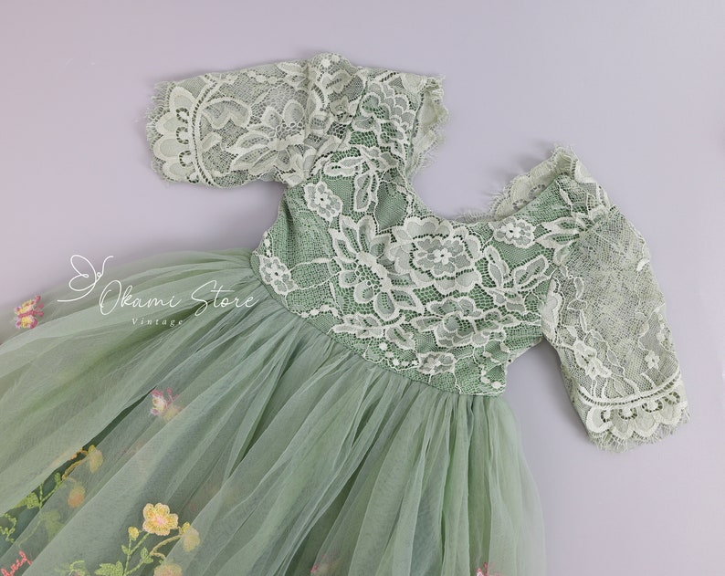 Sage Green Floral Embroidered Tulle Flower Girl Dress, Easter Girls Dress, Spring Flower Girl Dress, Summer Floral Dress, Enchanted Fairy zdjęcie 4