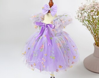 Robe de demoiselle d'honneur en tulle brodé de fleurs lavande, robe de Pâques pour filles, robe de fille d'honneur de printemps, robe d'été à fleurs pour filles, cadeau tutu