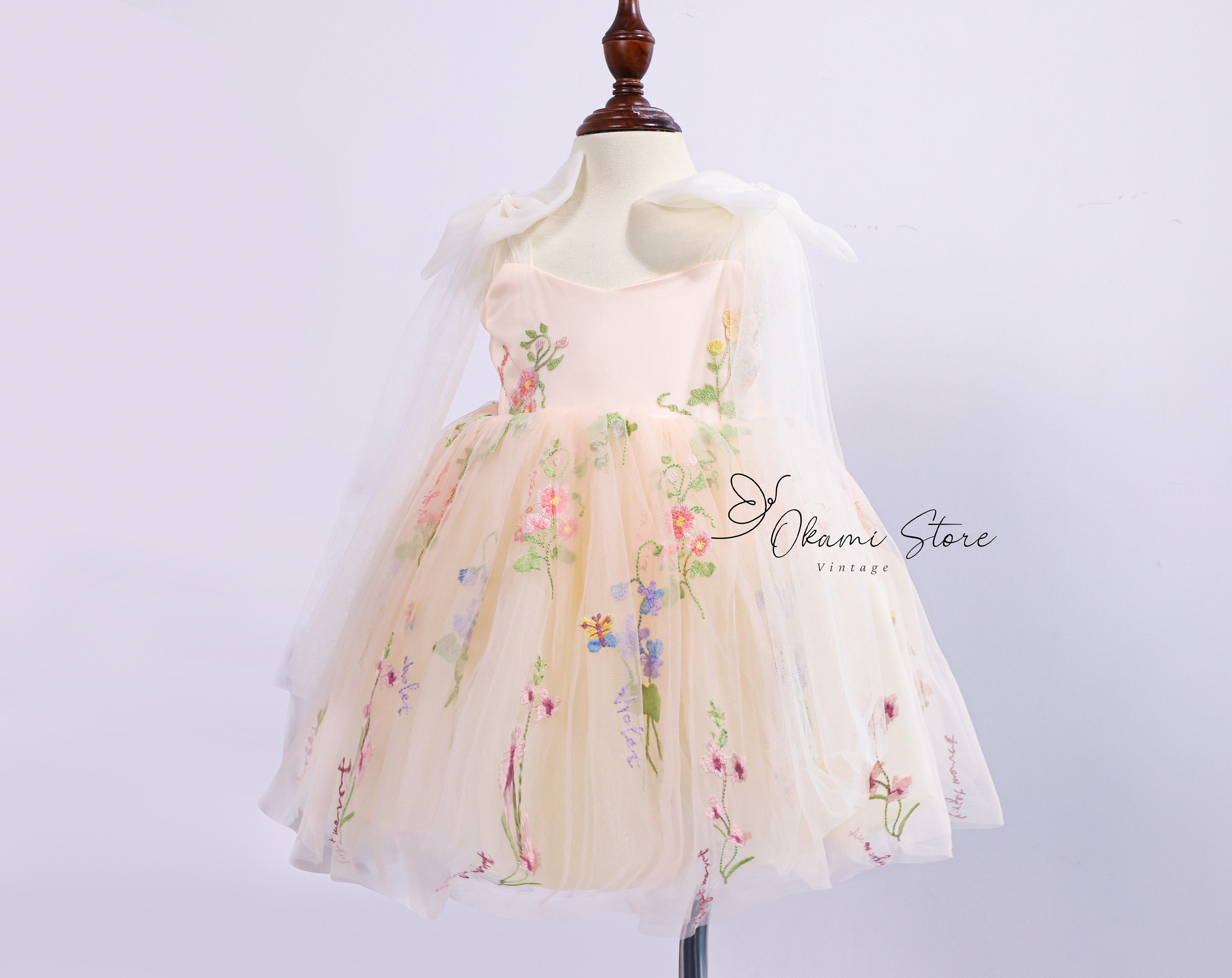 Blush pink 4 layers Flower Girl Dress Tutu Flower Party Dress, Enchanted Rose Fairy Floral Embroidery Dress, Tulle Dress, First Birthday