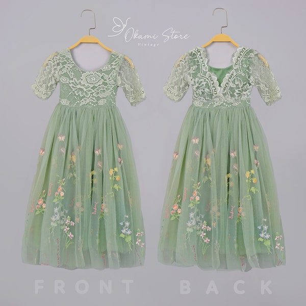 Sage Green Floral Embroidered Tulle Flower Girl Dress, Easter Girls Dress, Spring Flower Girl Dress, Summer Floral Dress, Enchanted Fairy