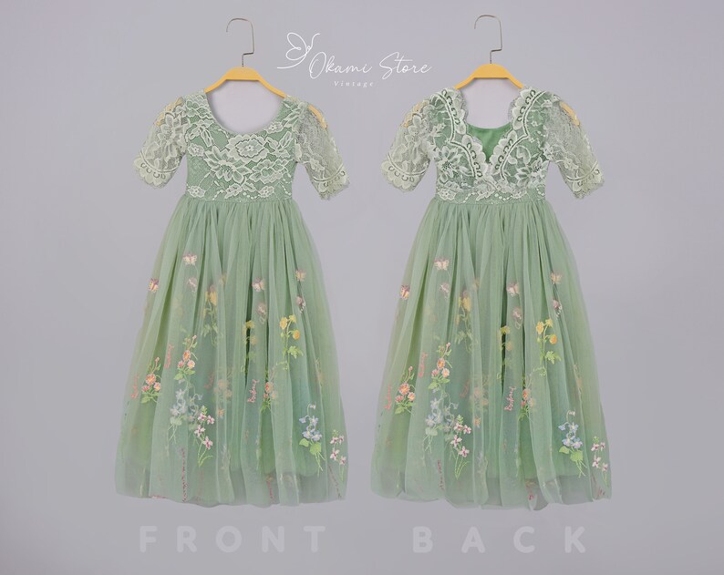 Sage Green Floral Embroidered Tulle Flower Girl Dress, Easter Girls Dress, Spring Flower Girl Dress, Summer Floral Dress, Enchanted Fairy zdjęcie 1