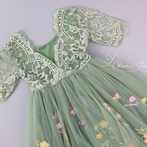 Sage Green Floral Embroidered Tulle Flower Girl Dress, Easter Girls Dress, Spring Flower Girl Dress, Summer Floral Dress, Enchanted Fairy zdjęcie 5