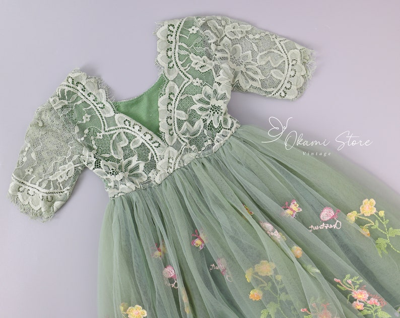 Sage Green Floral Embroidered Tulle Flower Girl Dress, Easter Girls Dress, Spring Flower Girl Dress, Summer Floral Dress, Enchanted Fairy zdjęcie 5